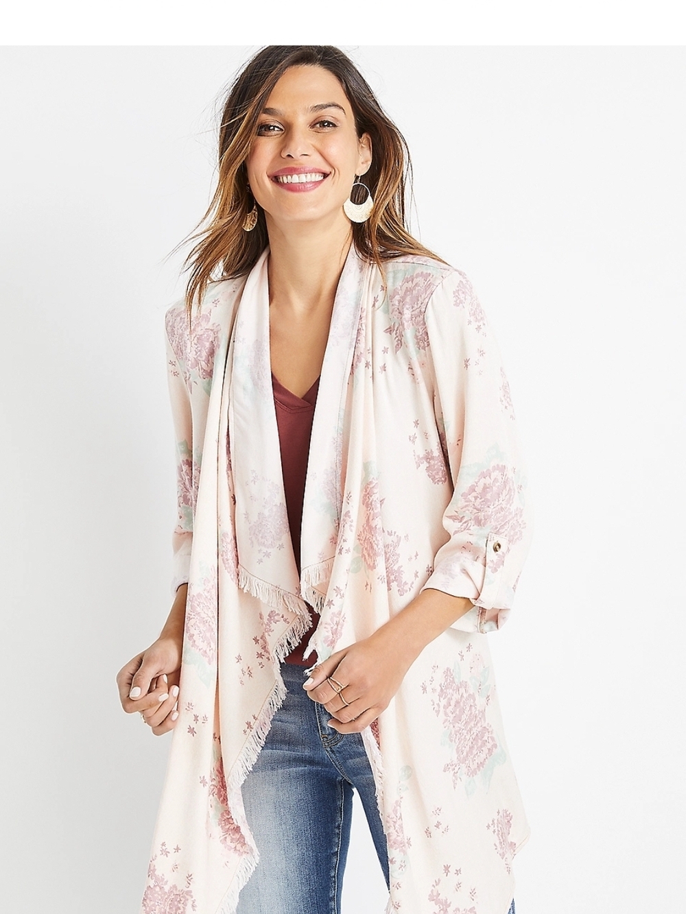 Pink Floral Cascade Front Kimono
